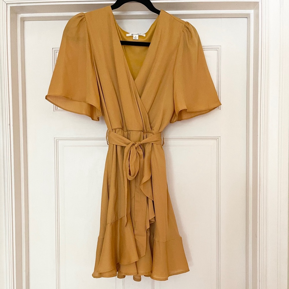 Francesca’s Miami, wrap-style, mustard dress